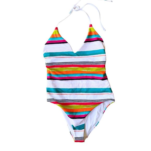 LOFT Beach Swimsuit Size 4 Striped One Piece Halter Shelf Bra V Neck New… - Picture 1 of 12